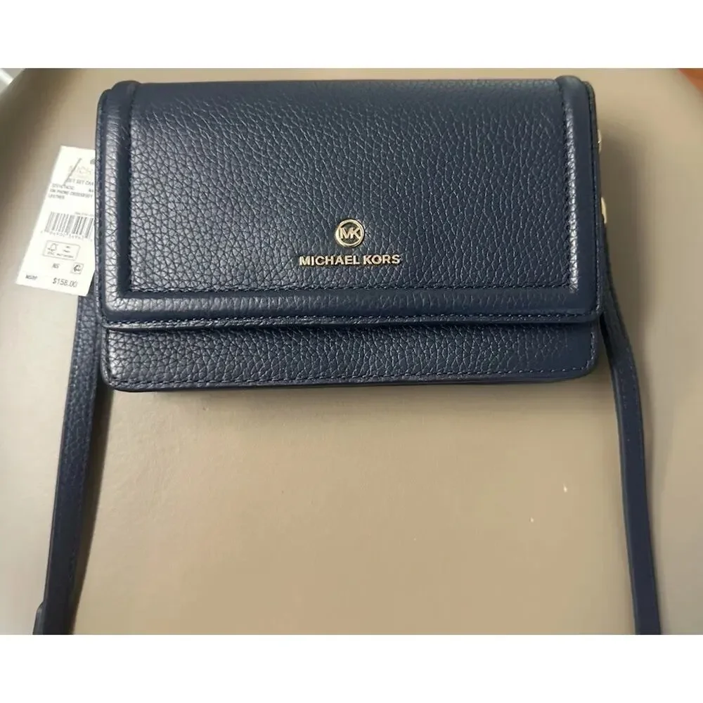 Michael Kors Fulton Pebbled Leather Crossbody Wallet Navy NWT